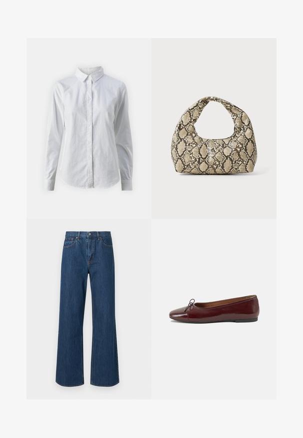 Camisa blanca de botones hecha de algodón suave, con un cuello clásico, mangas largas y un dobladillo curvado. Los botones son pequeños y blancos.; Jeans de denim de pierna ancha en azul intermedio, con una cintura alta, bolsillos frontales y detalles de costura sutiles. Textura suave con dobladillos redondeados.; Bailarina de charol burdeos con punta redonda, pequeño lazo en la parte frontal y una suela baja de goma negra. Textura suave.; Bolso de mano con estampado de serpiente y asa curvada. Hecho de materiales texturizados en tonos beige y marrón, con un patrónen diamante distintivo.