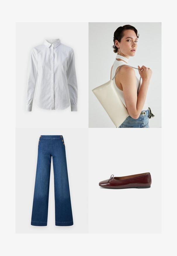 Biała koszula zapinana na guziki, wykonana z gładkiej bawełny, z klasycznym kołnierzykiem, długimi rękawami i zaokrąglonym dołem. Guziki są małe i białe.; Szerokie spodnie dżinsowe w ciemnym granatowym kolorze. Posiadają gładki przód z pięcioma złotymi guzikami do zapięcia. Gładka tekstura z klasycznym wykończeniem.; Bordowe baleriny z lakierowanej skóry z zaokrąglonym noskiem, małą kokardką z przodu oraz niską, czarną gumową podeszwą. Gładka tekstura.; Biała prostokątna kopertówka wykonana z błyszczącego materiału, z srebrnym łańcuszkiem. Modelka pozuje, prezentując torebkę na jednolitym tle.