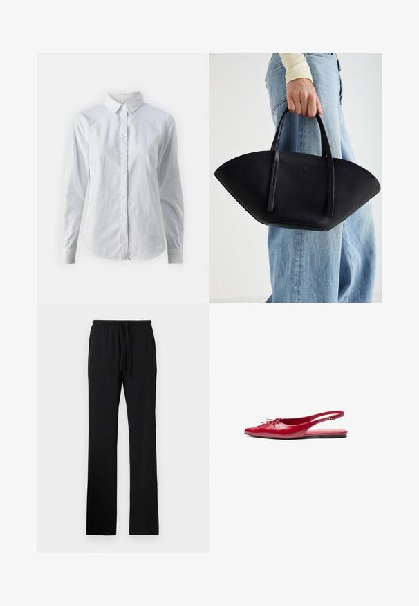 Bílá košile na knoflíky vyrobená z hladké bavlny, s klasickým límcem, dlouhými rukávy a zakřiveným spodním lemem. Knoflíky jsou malé a bílé.; Černé tepláky s volným střihem, vyrobené z měkké látky, s elastickým pasem a šňůrkou, bez viditelných kapes.; Červená kožená sanda s plochým podpatkem a špičatou špičkou, s dekorativním šněrováním na přední straně, s úzkým řemínkem kolem kotníku a plochou podrážkou.; Černá kožená kabelka s jedinečným tvarováním ve tvaru vějíře, vybavená plochými uchy. Povrch má jemně zrnitou texturu a minimalistický design.