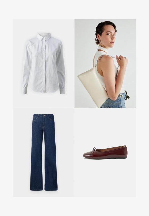 Balta pogājamā krekla augšdaļa, izgatavota no gluda kokvilnas, ar klasisku apkakli, garām piedurknēm un izliekto apakšmalu. Pogas ir mazas un baltas.; Tumši zili džinsi ar taisnu griezumu, pieciem kabatām, pogu un rāvējslēdzēja aizvēršanu, kā arī minimālām šuvju detaļām. Gluda tekstūra.; Burgundijas laku ādas baleta kurpes ar noapaļotu purngalu, nelielu loku akcentu priekšā un zemu melnu gumijas zoli. Gluda tekstūra.; Balts taisnstūra clutch soma, izgatavota no spīdīga materiāla, ar sudraba ķēdes siksnu. Modelis pozē, demonstrējot somu uz vienkārša fona.