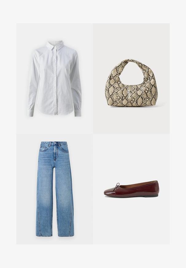 Λευκή πουκαμίσα με κουμπιά, φτιαγμένη από λείο βαμβάκι, με κλασικό γιακά, μακριά μανίκια και καμπυλωτό στρίφωμα. Τα κουμπιά είναι μικρά και λευκά.; Ψηλόμεσα, ανοιχτόχρωμα τζιν παντελόνια με φαρδιά πόδια, μπροστινές τσέπες, θηλιές για ζώνη, κουμπί κλεισίματος και ορατές λεπτομέρειες ραφής.; Μπορντό παρθένα δερμάτινα μπαλαρίνες με στρογγυλή μύτη, μικρή διακόσμηση φιόγκου στο μπροστινό μέρος και χαμηλή, μαύρη καουτσούκ σόλα. Λείος υφής.; Τσάντα σε σχέδιο φίδι με καμπυλωτή λαβή. Φτιαγμένη από υλικά με υφή, σε μπεζ και καφέ αποχρώσεις, με ξεχωριστό διαμαντένιο σχέδιο.