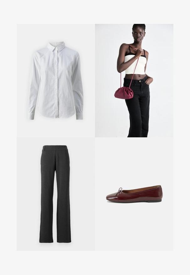 Bjela košulja na dugih rukava od glatkog pamuka, s klasičnom kragnom i zakrivljenim rubom. Dugmad su mala i bijela.; Tamno sivi hlače ravnog kroja izrađene od mekanog materijala. Imaju glatki pojas i bez vidljivih uzoraka ili akcente.; Burgundska lakirana balerinka s zaobljenim vrhom, malim mašnom sprijeda i niskom, crnom gumenom potplatu. Glatka tekstura.; Bordo mekani torbeni sakupljenog dizajna s dugom trakicom, nošenom preko tijela. Model nosi bijelu kratku majicu i crne traperice.