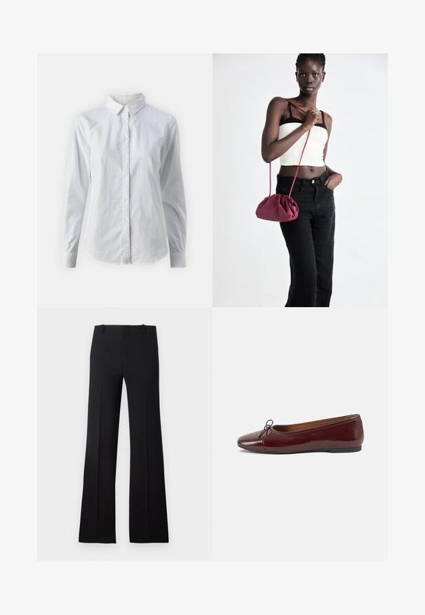 Fehér, sima pamutből készült gombos ing, klasszikus gallérral, hosszú ujjakkal és ívelt hemvéggel. A gombok kicsik és fehérek.; Fekete trapéznadrág sima textúrával, testreszabott derékkal, övtartókkal és letisztult dizájnnal, amely széles szárra terjed ki.; Burgundi lakkbőr balettcipő kerek orral, elöl kis masni díszítéssel és alacsony, fekete gumi talppal. Simára csiszolt felület.; Burgundy puha anyagú kézitáska, ráncolt dizájnnal és hosszú pánttal, keresztben hordva. A modellen fehér rövid top és fekete farmer van.