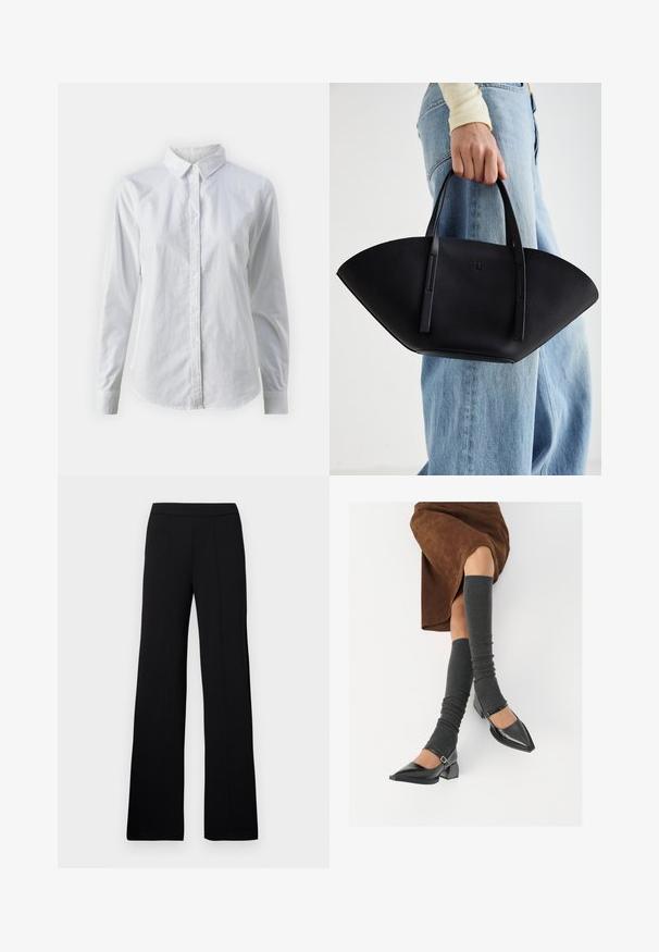 White button-up shirt made of smooth cotton, featuring a classic collar, long sleeves, and a curved hem. Buttons are small and white.; Black wide-leg trousers with a smooth, woven texture, featuring a flat waistband and vertical seams for a tailored look.; Black patent leather pointed-toe shoes with a block heel and ankle strap, paired with gray ribbed leg warmers and a brown suede skirt.; Black leather handbag with a unique fan shape, featuring flat handles. The surface has a pebbled texture and a minimalistic design.