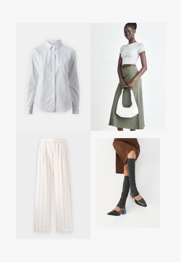 Camisa branca de botão feita de algodão suave, com colarinho clássico, mangas longas e bainha curva. Os botões são pequenos e brancos.; Calças largas plissadas em tecido branco sujo com finas riscas verticais cinzas. Apresentam uma cintura ajustada e um corte descontraído ao longo das pernas.; Sapatos pretos de pele lacada com biqueira pontuda, salto bloco e tiras no tornozelo, combinados com caneleiras cinzas em malha e uma saia de camurça castanha.; Top cropped cinza em ribas e saia de cintura alta verde-azeitona. Modelo segura uma bolsa branca de ombro com detalhes recortados. Design simples, silhueta justa.