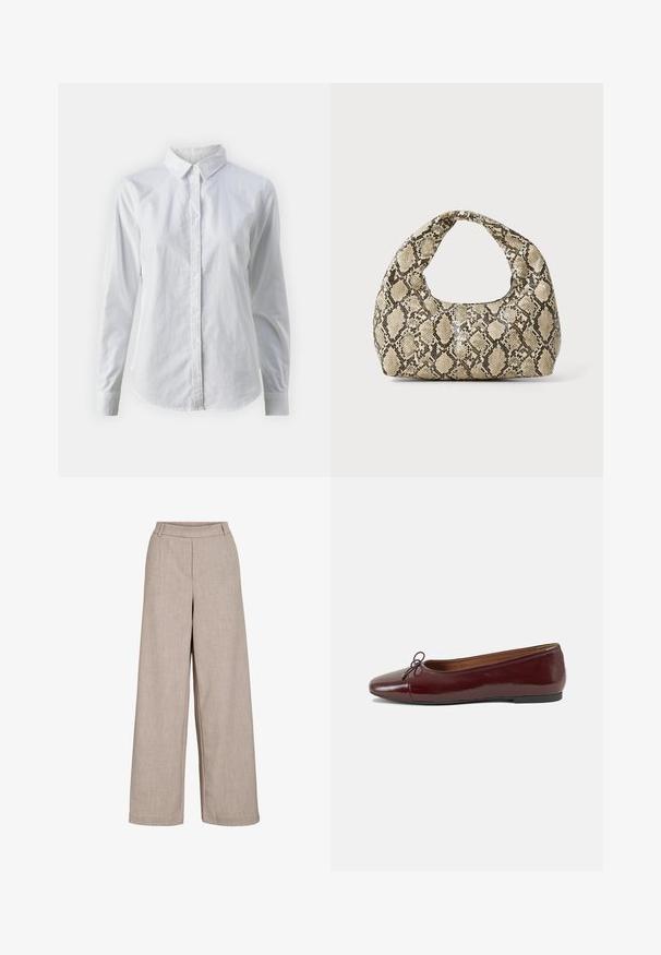 White button-up shirt made of smooth cotton, featuring a classic collar, long sleeves, and a curved hem. Buttons are small and white.; Beige wide-leg trousers made of lightweight fabric. Features a smooth texture, a fitted waist, and side pockets for functional detail.; Burgundy patent leather ballet flat with a rounded toe, small bow accent at the front, and a low, black rubber sole. Smooth texture.; Snake-print handbag with a curved handle. Made from textured, beige and brown materials, featuring a distinctive diamond pattern.
