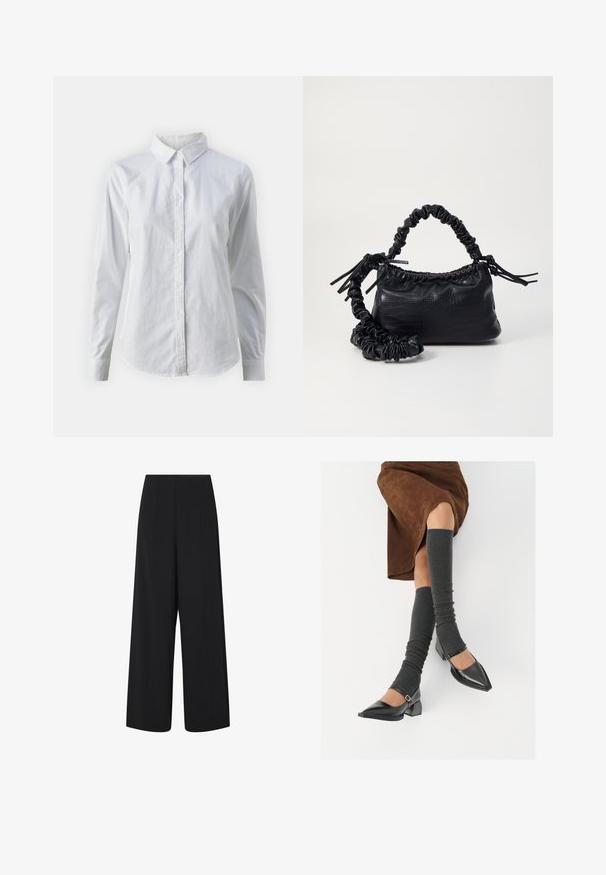 Balta pogājamā krekla augšdaļa, izgatavota no gluda kokvilnas, ar klasisku apkakli, garām piedurknēm un izliekto apakšmalu. Pogas ir mazas un baltas.; Melni plaši iegareni bikses ar augstu jostasvietu un sānu kabatām, ar izsmalcinātiem vertikālajiem šuvju rakstiem.; Melnas laka ādas apavi ar norādītu purngalu, blokveida papēdi un potīšu jostu, saskaņoti ar pelēkām ribotām kāju sildītājām un brūnu zamšādas svārku.; Melnā mākslīgās ādas rokassoma ar krokodila rakstu, savilkta augšdaļa un saburzīta siksna. Izskatās mīksta un kompakta pēc dizaina.