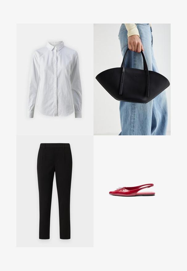White button-up shirt made of smooth cotton, featuring a classic collar, long sleeves, and a curved hem. Buttons are small and white.; Black tailored trousers with a straight leg design, made of smooth fabric. Features flat front, belt loops, and no pockets.; Red leather slingback flat shoe with a pointed toe and a decorative lace-up detail on the front, featuring a slim ankle strap and flat sole.; Black leather handbag with a unique fan shape, featuring flat handles. The surface has a pebbled texture and a minimalistic design.