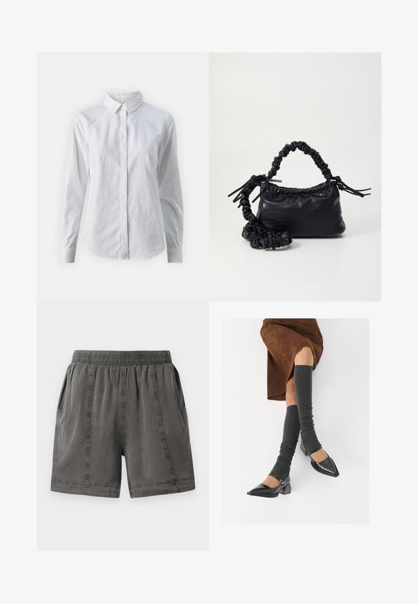 Balta marškinėliai su mygtukais, pagaminti iš lygios medvilnės, su klasikiniais apykaklės, ilgomis rankovėmis ir lenktu kraštu. Mygtukai maži ir balti.; Pilki, medvilnės mišinio šortai su elastingu juosmeniu, šoniniais kišenėmis ir siuvinėtomis detalėmis siūlėse. Minkšta tekstūra ir laisvas siluetas.; Juodi lakuoti odiniai batai su aštriu kuma ir bloko kulnu, derinami su pilkais riebiais kojų šildytuvais ir rudais zomšiniais sijonais.; Juodas dirbtinės odos rankinė su krokodilo tekstūra, sušnibždinta viršuje ir susikraipytu dirželiu. Atrodo minkšta ir kompaktiška.