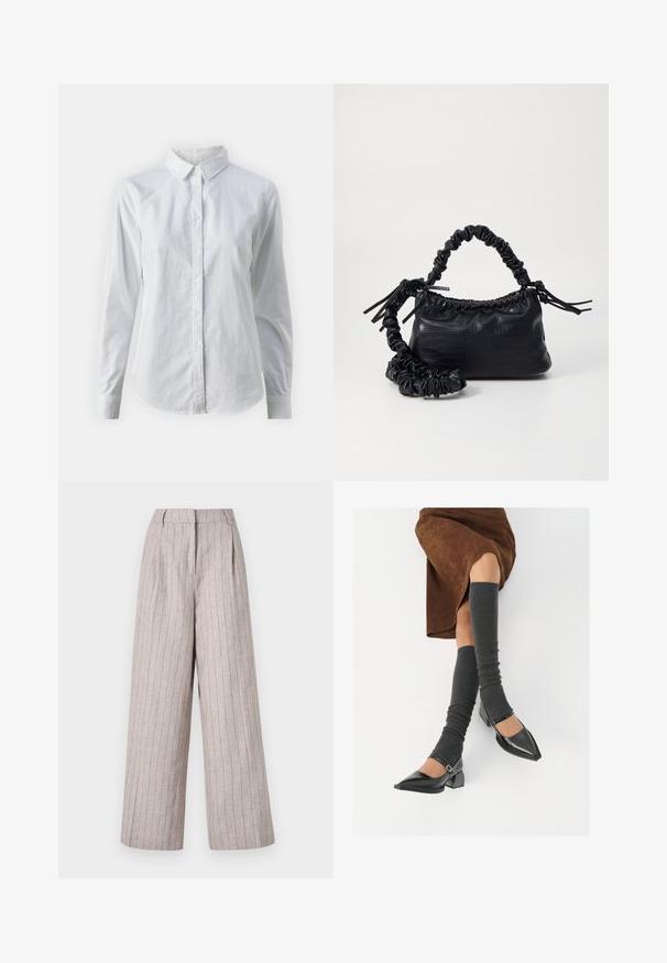 Witte overhemd met knopen van glad katoen, met een klassieke kraag, lange mouwen en een afgeronde zoom. De knopen zijn klein en wit.; Lichtgrijze wijde broek gemaakt van textuurstof met verticale streepjes. Heeft een hoge taille en voorplooien voor extra stijl.; Zwarte gepatineerde leren pumps met een puntige neus, een blokhak en een enkelbandje, gecombineerd met grijze geribde beenwarmers en een bruine suède rok.; Zwarte nepleer handtas met een krokodillenstructuur, opgedroogde bovenkant en een gekreukte hengsel. Het lijkt zacht en compact van ontwerp.