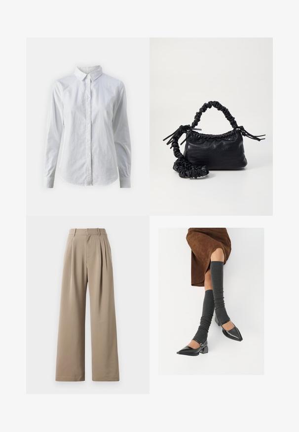 Camisa branca de botão feita de algodão suave, com colarinho clássico, mangas longas e bainha curva. Os botões são pequenos e brancos.; Calças largas bege com pregas, frente lisa, bolsos laterais e passadores de cinto. Feitas de um tecido liso e leve.; Sapatos pretos de pele lacada com biqueira pontuda, salto bloco e tiras no tornozelo, combinados com caneleiras cinzas em malha e uma saia de camurça castanha.; Bolsa de mão em couro sintético preto com textura de crocodilo, topo franzido e alça enrugada. Apresenta um design suave e compacto.