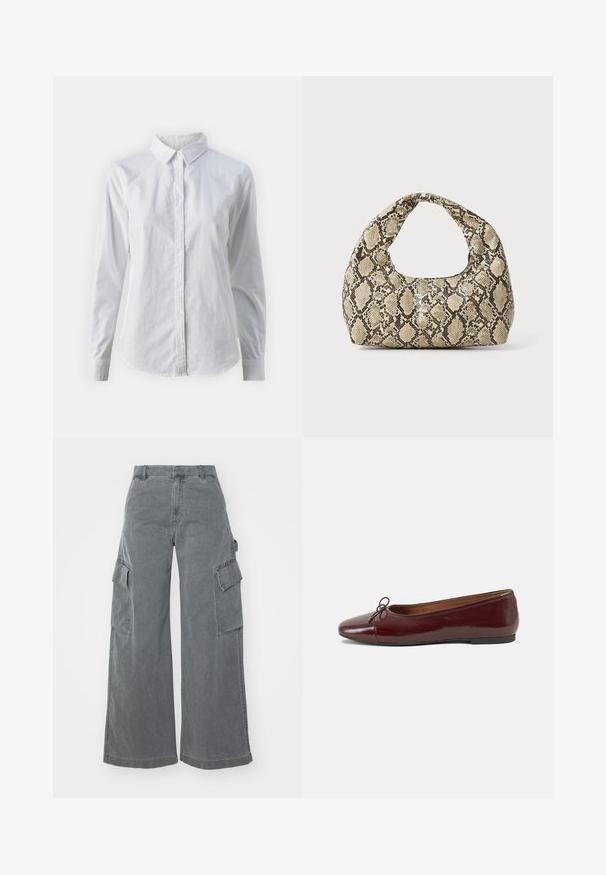 Camisa blanca de botones hecha de algodón suave, con un cuello clásico, mangas largas y un dobladillo curvado. Los botones son pequeños y blancos.; Pantalones cargo de pierna ancha en gris, fabricados en algodón, con dos bolsillos cargo laterales y una cintura alta, que presentan un acabado suave y ligeramente texturizado.; Bailarina de charol burdeos con punta redonda, pequeño lazo en la parte frontal y una suela baja de goma negra. Textura suave.; Bolso de mano con estampado de serpiente y asa curvada. Hecho de materiales texturizados en tonos beige y marrón, con un patrónen diamante distintivo.