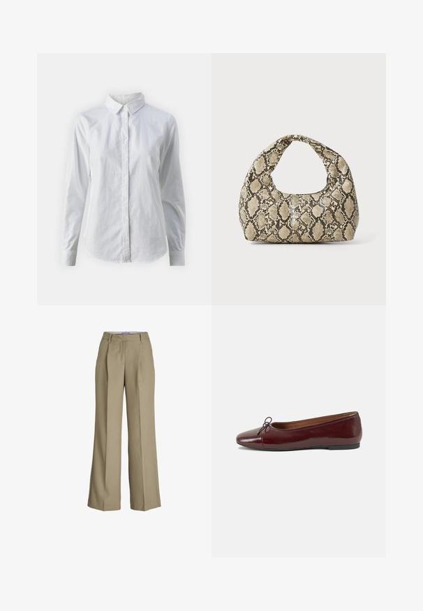Fehér, sima pamutből készült gombos ing, klasszikus gallérral, hosszú ujjakkal és ívelt hemvéggel. A gombok kicsik és fehérek.; Beige, bő szabású nadrágok magas derekú fazonnal, elülső redőkkel és sima szövet textúrával. Klasszikus dizájn, igényes kidolgozással.; Burgundi lakkbőr balettcipő kerek orral, elöl kis masni díszítéssel és alacsony, fekete gumi talppal. Simára csiszolt felület.; Kígyómintás kézitáska ívelt fogantyúval. Texturált, bézs és barna anyagból készült, jellegzetes gyémántmintával.