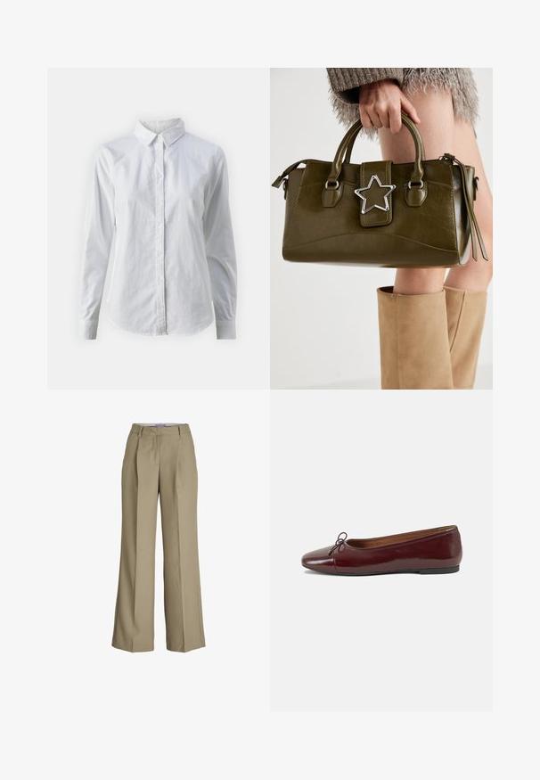 Bela srajca z gumbki, narejena iz gladkega bombaža, s klasičnim ovratnikom, dolgimi rokavi in ukrivljenim robom. Gumbi so majhni in beli.; Bež hlače širokih nogavic z visokim pasom, sprednjimi gubami in gladko teksturo tkanine. Klasična zasnova z profesionalnim zaključkom.; Burgundska patenti usnjeni baletni čevlji z zaobljenim prstom, majhnim lokom na sprednji strani in nizkim črnim gumijastim podplatom. Gladka tekstura.; Olivnozeleno usnjeno ročno torbico z srebrno zvezdo, dvema ročajema in zadrgo. Teksturna površina in strukturirana oblika.