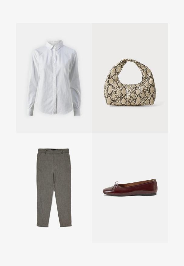 Balta pogājamā krekla augšdaļa, izgatavota no gluda kokvilnas, ar klasisku apkakli, garām piedurknēm un izliekto apakšmalu. Pogas ir mazas un baltas.; Vīriešu pelēki pieguļoši džinsi ar jostu cilpiņām, sānu kabatām un apkaklēm, izgatavoti no teksturēta auduma.; Burgundijas laku ādas baleta kurpes ar noapaļotu purngalu, nelielu loku akcentu priekšā un zemu melnu gumijas zoli. Gluda tekstūra.; Čūsku raksta soma ar izliekto rokturi. Izgatavota no teksturētiem, bēšiem un brūniem materiāliem, ar izteiksmīgu dimanta rakstu.