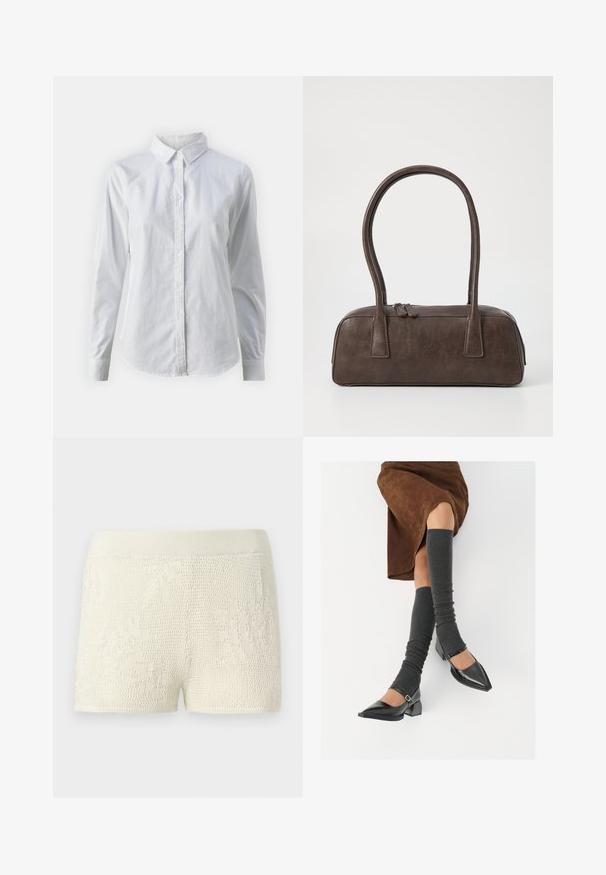 Hvit skjorte med knapper laget av glatt bomull, med klassisk krage, lange ermer og buet skjær. Knapper er små og hvite.; Strikkede shorts i off-white med et teksturert mønster. Har en bred elastisk midjebånd og en tettsittende design.; Sorte lakkpumps med spiss tå, blokkhel, og ankelstropp, kombinert med grå ribbestrikkede beinvarmere og et brunt semsket skinn skjørt.; Brun lærveske med to robuste håndtak, rektangulær form, jevn tekstur og glidelås. Minimalistisk design uten synlige mønstre.
