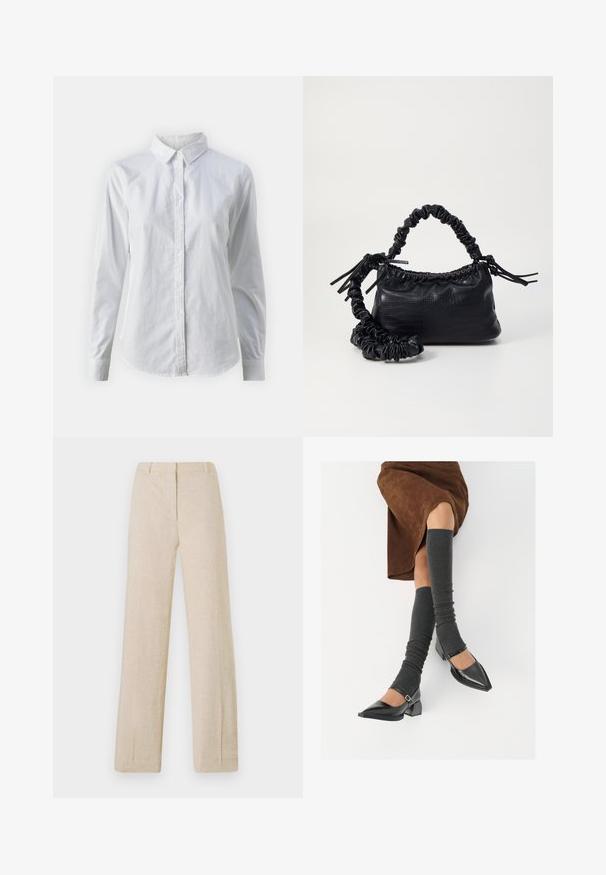 Valge nööpidega särk, mis on valmistatud siledast puuvillast. Särgil on klassikaline krae, pikad varrukad ja kaarduv äär. Nöödid on väikesed ja valged.; Beesidised linased sirged püksid, millel on sile tekstuur, ees luku tõmblukk, vöökoharihmad ja pressitud voldid, et saavutada kohandatud välimus.; Mustad patsaline odav värviga kingad, millel on kreen ja pahkluuring, on paaritatud hallide ribakudumitega sääremiidega ja pruunist nahast seelikuga.; Must must sünteetilisest nahast käekott, millel on krokodillimuster, kokku tõmmatav ülaosa ja kortsus rihm. Tundub pehme ja kompaktne disain.