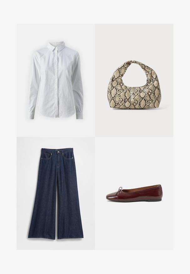 Fehér, sima pamutből készült gombos ing, klasszikus gallérral, hosszú ujjakkal és ívelt hemvéggel. A gombok kicsik és fehérek.; Sötétkék, bőszárú farmernadrág. Magas derékkal, öt zsebbel és kontrasztos varrással rendelkezik. Simaszövetű, tiszta szegéllyel.; Burgundi lakkbőr balettcipő kerek orral, elöl kis masni díszítéssel és alacsony, fekete gumi talppal. Simára csiszolt felület.; Kígyómintás kézitáska ívelt fogantyúval. Texturált, bézs és barna anyagból készült, jellegzetes gyémántmintával.