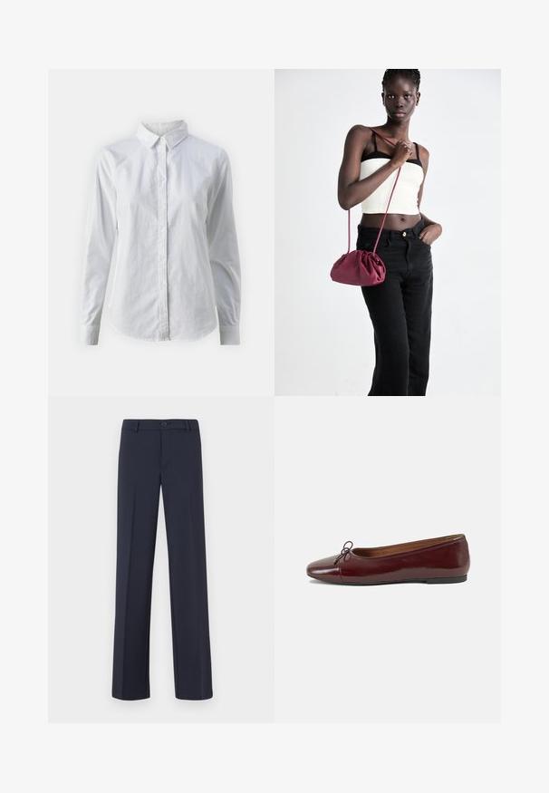 Fehér, sima pamutből készült gombos ing, klasszikus gallérral, hosszú ujjakkal és ívelt hemvéggel. A gombok kicsik és fehérek.; Kék tengerész stílusú, egyenes szabású nadrág sima anyagból. Elől gombos záródás és oldalzsebek találhatók rajta. Egyszerű és modern design.; Burgundi lakkbőr balettcipő kerek orral, elöl kis masni díszítéssel és alacsony, fekete gumi talppal. Simára csiszolt felület.; Burgundy puha anyagú kézitáska, ráncolt dizájnnal és hosszú pánttal, keresztben hordva. A modellen fehér rövid top és fekete farmer van.