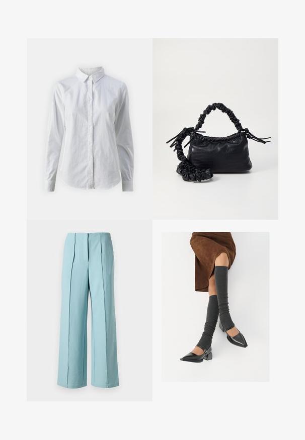 Bela srajca z gumbki, narejena iz gladkega bombaža, s klasičnim ovratnikom, dolgimi rokavi in ukrivljenim robom. Gumbi so majhni in beli.; Svijetloplave široke hlače s vertikalnim plisiranim detaljima, izrađene od glatke tkanine, s visokim strukom i ravnim šavovima.; Črne lakirane čevlje s pointy prsti in blok peto ter z naramnicami za gleženj, ki jih kombiniramo s sivimi rebrastimi nogavicami in rjavim suknjičem iz usnja.; Črna torbica iz umetnega usnja s krokodilovo teksturo, z zvitim vrhom in zmečkano naramico. Zdi se mehka in kompaktna v oblikovanju.