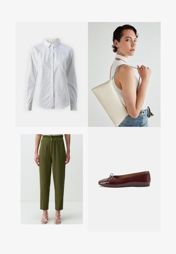 Witte overhemd met knopen van glad katoen, met een klassieke kraag, lange mouwen en een afgeronde zoom. De knopen zijn klein en wit.; Olijfgroene, hoge taillebroeken met een relaxte pasvorm, voorzien van een geraffineerde tailleband, zijzakken en een zachte textuur.; Bordeaux gepatenteerd lederen ballerina met een ronde neus, een klein strikaccent aan de voorkant en een lage, zwarte rubberen zool. Glad textuur.; Witte rechthoekige clutch tas gemaakt van glanzend materiaal, met een zilveren kettingband. Model poseert en toont de tas tegen een effen achtergrond.