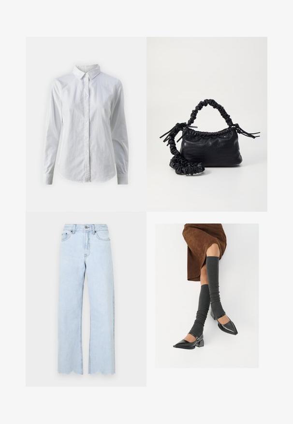 Bjela košulja na dugih rukava od glatkog pamuka, s klasičnom kragnom i zakrivljenim rubom. Dugmad su mala i bijela.; Svijetloplave traperice širokog kroja s neuređenim rubom, izrađene od denima. Karakteristike uključuju zatvaranje na gumb, petlje za pojas i bočne džepove.; Crne lakirane cipele s šiljastim prstima, blok-petom i remenom oko gležnja, uparene s sivim rebrastim čarapama do koljena i smešnom suknjom od antilopa.; Crna torba od umjetne kože s teksturom krokodila, s cinčanim vrhom i naboranom trakom. Izgleda mekano i kompaktno u dizajnu.