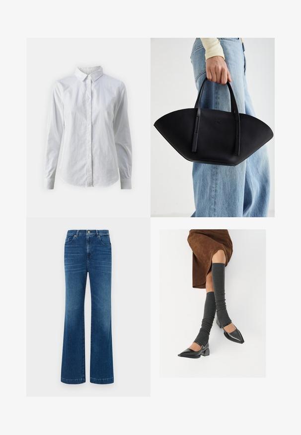 Balta pogājamā krekla augšdaļa, izgatavota no gluda kokvilnas, ar klasisku apkakli, garām piedurknēm un izliekto apakšmalu. Pogas ir mazas un baltas.; Zila džinsu bikses ar plašu kāju, augstu jostu, piecām kabatām un klasisku pogu aizdari. Audumam ir mīksta, nedaudz izbalējusi tekstūra.; Melnas laka ādas apavi ar norādītu purngalu, blokveida papēdi un potīšu jostu, saskaņoti ar pelēkām ribotām kāju sildītājām un brūnu zamšādas svārku.; Melnas ādas rokassoma ar unikālu ventilatora formu, aprīkota ar plakaniem rokturiem. Virsma ir ar graudainu faktūru un minimālistisku dizainu.