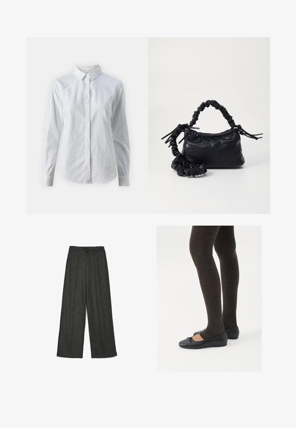 Bela srajca z gumbki, narejena iz gladkega bombaža, s klasičnim ovratnikom, dolgimi rokavi in ukrivljenim robom. Gumbi so majhni in beli.; Temno sivi široki hlače iz teksturirane tkanine, ki imajo visok pas in dva sprednja pregiba za dodatno oblikovno podrobnost.; Črne ravne čevlje z majhnim lokom na prstih, v kombinaciji s temno rjavimi rebrastimi nogavicami. Čevlji imajo gladko teksturo in nizko obliko.; Črna torbica iz umetnega usnja s krokodilovo teksturo, z zvitim vrhom in zmečkano naramico. Zdi se mehka in kompaktna v oblikovanju.