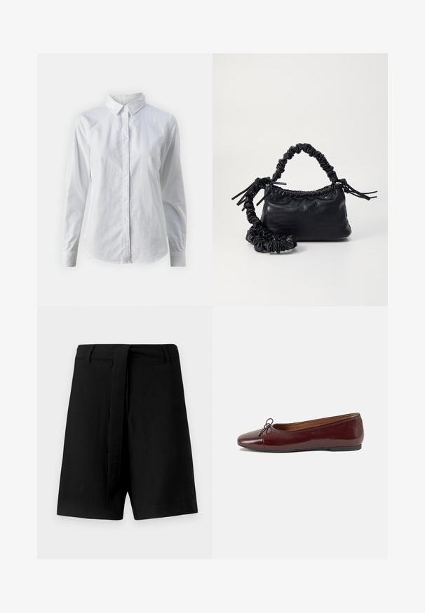 Biela košeľa s gombíkmi vyrobená z hladkej bavlny, s klasickým golierom, dlhými rukávmi a zakriveným lemom. Gombíky sú malé a biele.; Čierne ľanové šortky s vysokým pásom, s látkovým opaskom a bočnými vreckami, hladkou textúrou a voľným strihom.; Burgundské lakované balerínky s okrúhlou špičkou, malou mašľou na prednej strane a nízkou čiernou gumovou podrážkou. Hladký povrch.; Čierna umelá kožená kabelka s kroko vzorom, sťahovaným vrchom a zhnutým popruhom. Vyzerá mäkko a kompaktné v dizajne.