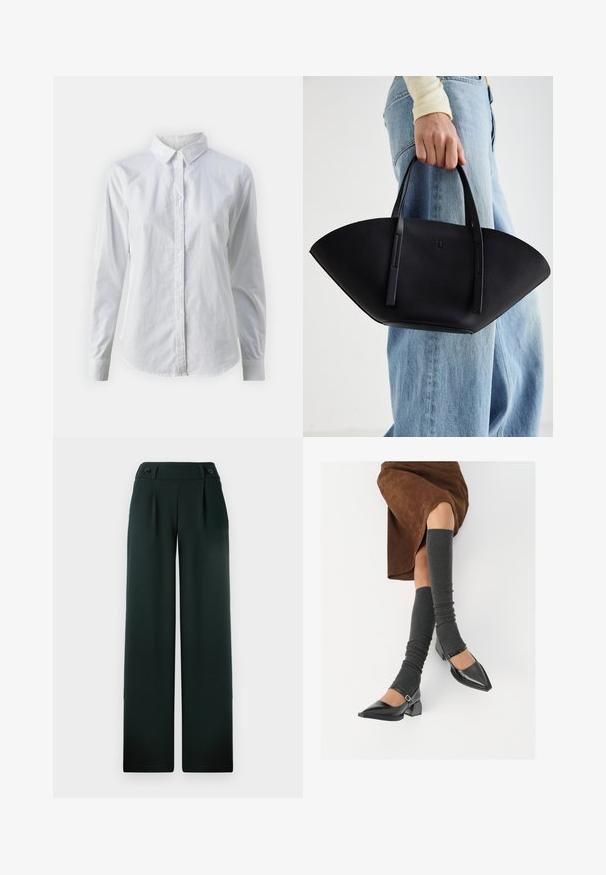 White button-up shirt made of smooth cotton, featuring a classic collar, long sleeves, and a curved hem. Buttons are small and white.; Dark green wide-leg trousers made of smooth fabric, featuring a high waistband, pleats, and two prominent black buttons at the front.; Black patent leather pointed-toe shoes with a block heel and ankle strap, paired with gray ribbed leg warmers and a brown suede skirt.; Black leather handbag with a unique fan shape, featuring flat handles. The surface has a pebbled texture and a minimalistic design.