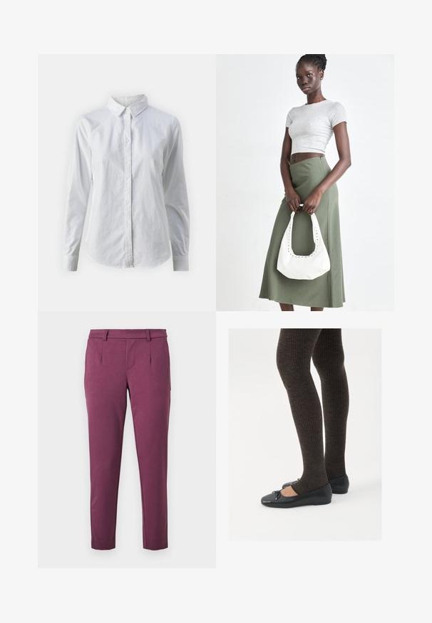 White button-up shirt made of smooth cotton, featuring a classic collar, long sleeves, and a curved hem. Buttons are small and white.; Straight-cut, plum-colored trousers with belt loops, side pockets, and a tailored waistband against a white background.; Black flat shoes with a small bow detail at the toe, paired with dark brown ribbed tights. Shoes have a smooth texture and low profile.; Gray ribbed crop top and olive green high-waisted skirt. Model holds a white shoulder bag with cut-out detailing. Simple design, fitted silhouette.