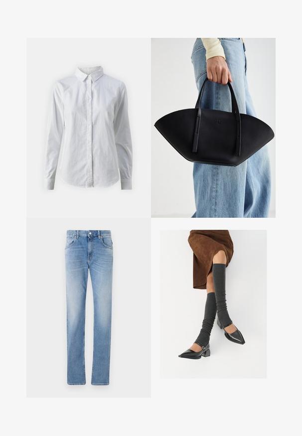 Biała koszula zapinana na guziki, wykonana z gładkiej bawełny, z klasycznym kołnierzykiem, długimi rękawami i zaokrąglonym dołem. Guziki są małe i białe.; Jasnoniebieskie dżinsy o prostym kroju, wyposażone w pięć kieszeni, z przodem na guziki i delikatnym wyblaknięciem na całej tkaninie.; Czarne lakierowane buty na szpilce z prostokątnym obcasem i paskiem na kostce, zestawione z szarymi prążkowanymi ocieplaczami na nogi oraz brązową zamszową spódnicą.; Czarna skórzana torebka w unikalnym kształcie wachlarza, z płaskimi uchwytami. Powierzchnia ma fakturę kamyków i minimalistyczny design.