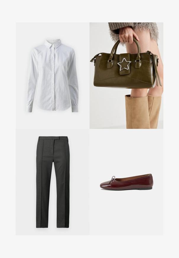 Balta marškinėliai su mygtukais, pagaminti iš lygios medvilnės, su klasikiniais apykaklės, ilgomis rankovėmis ir lenktu kraštu. Mygtukai maži ir balti.; Tamsiai pilki pritaikyti kelnių su raukšle priekyje, diržo kilpelėmis ir paslėptu priekiu užsegimu, pristatyti prieš baltą foną.; Bordo lakiotos odos baleto bateliai su apvalia nosimi, maža kaspinėlio akcentu priekyje ir žema juoda guma padanga. Lygi tekstūra.; Alyvuogių žalios spalvos dirbtinės odos rankinė su sidabro žvaigždės akcentu, dviem rankenomis ir užtrauktuko uždarymu. Tekstūruotas paviršius ir struktūrizuota forma.