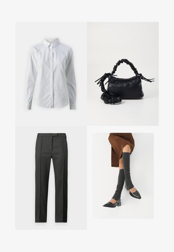 Biela košeľa s gombíkmi vyrobená z hladkej bavlny, s klasickým golierom, dlhými rukávmi a zakriveným lemom. Gombíky sú malé a biele.; Tmavohnedé strihané nohavice s predným sklonom, pútka na opasok a skryté predné zapínanie, vystavené na bielom pozadí.; Čierne lakované kožené topánky s špicatou špičkou, blokovým podpätkom a členkovým remienkom, ktoré sú kombinované so šedými rebrovanými legínami a hnedou zamšovou sukňou.; Čierna umelá kožená kabelka s kroko vzorom, sťahovaným vrchom a zhnutým popruhom. Vyzerá mäkko a kompaktné v dizajne.