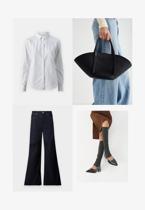 Hvit skjorte med knapper laget av glatt bomull, med klassisk krage, lange ermer og buet skjær. Knapper er små og hvite.; Mørkeblå vide jeans laget av denim. Funksjonene inkluderer en frontknapplukking, kobberdetaljer og kontraststing langs sømmene.; Sorte lakkpumps med spiss tå, blokkhel, og ankelstropp, kombinert med grå ribbestrikkede beinvarmere og et brunt semsket skinn skjørt.; Svart skinnveske med en unik vifteform, med flate håndtak. Overflaten har en pebblelignende tekstur og et minimalistisk design.