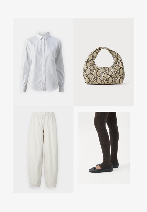 White button-up shirt made of smooth cotton, featuring a classic collar, long sleeves, and a curved hem. Buttons are small and white.; Light grey, ribbed fabric pants with an elastic waistband, featuring a loose, wide-leg design for comfort and ease of movement.; Black flat shoes with a small bow detail at the toe, paired with dark brown ribbed tights. Shoes have a smooth texture and low profile.; Snake-print handbag with a curved handle. Made from textured, beige and brown materials, featuring a distinctive diamond pattern.