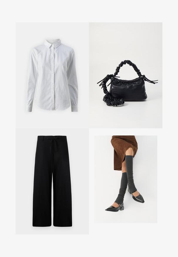Witte overhemd met knopen van glad katoen, met een klassieke kraag, lange mouwen en een afgeronde zoom. De knopen zijn klein en wit.; Zwarte linnen broek met wijde pijpen, voorzien van een elastische tailleband met koord en een knoopsluiting. Heeft een soepele textuur en een vloeiende silhouet.; Zwarte gepatineerde leren pumps met een puntige neus, een blokhak en een enkelbandje, gecombineerd met grijze geribde beenwarmers en een bruine suède rok.; Zwarte nepleer handtas met een krokodillenstructuur, opgedroogde bovenkant en een gekreukte hengsel. Het lijkt zacht en compact van ontwerp.