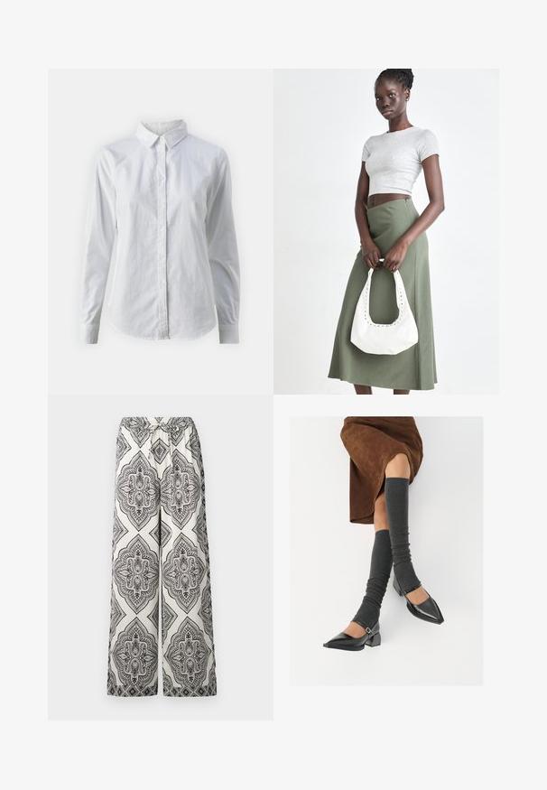 Fehér, sima pamutből készült gombos ing, klasszikus gallérral, hosszú ujjakkal és ívelt hemvéggel. A gombok kicsik és fehérek.; Tejfehér, széles szárú nadrág fekete, díszes gyémántmintával. Rugalmas derékkal rendelkezik, amelyhez kötés tartozik, és sima tapintású.; Fekete lakk bőrből készült, hegyes orrú cipők, tömbsarkúakkal és bokapánttal, szürke bordás lábszármelegítőkkel és barna velúr szoknyával párosítva.; Szürke bordázott cropped top és olajzöld, magas derékú szoknya. A modellen egy fehér válltáska van, amely kivágott részletekkel rendelkezik. Egyszerű dizájn, testhezálló sziluett.