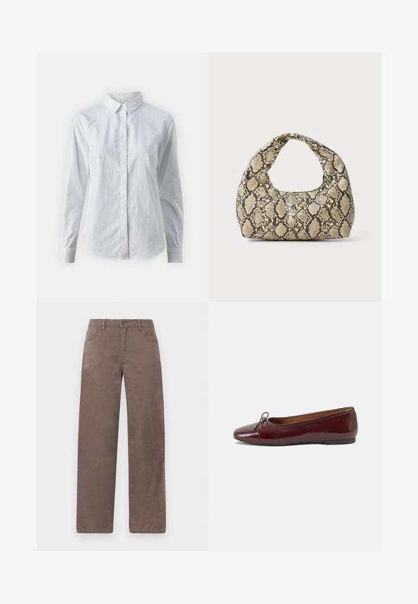 Valge nööpidega särk, mis on valmistatud siledast puuvillast. Särgil on klassikaline krae, pikad varrukad ja kaarduv äär. Nöödid on väikesed ja valged.; Pruunid sirged püksid, mis on valmistatud puuvillast, esiküljel nupuga kinnitus, vöökohaga ja viie taskuga, sujuva tekstuuriga.; Burgundi patendnahk kingad balletitüüpi, ümmarguse ninaosa, ees väike paelaaktsent ja madal must kummist tald. Sile tekstuur.; Musta käärmeprindiga kott kõveraga käepidemega. Valmistatud tekstiilsetest, beežidest ja pruunidest materjalidest, millel on iseloomulik rombikujuline muster.