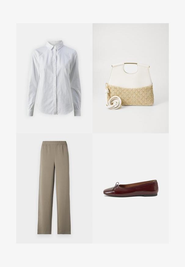 Balta pogājamā krekla augšdaļa, izgatavota no gluda kokvilnas, ar klasisku apkakli, garām piedurknēm un izliekto apakšmalu. Pogas ir mazas un baltas.; Velvētās bikses gaisīgi khaki krāsā. Izgatavotas no vienmērīgas auduma ar elastīgu jostu un platajām kājām. Nav redzamu rakstu vai akcentu.; Burgundijas laku ādas baleta kurpes ar noapaļotu purngalu, nelielu loku akcentu priekšā un zemu melnu gumijas zoli. Gluda tekstūra.; Balta ādas rokassoma ar strukturētu krēmkrāsas austu audumu apakšā. Iekļauj zeltaini rokturi un saritinātu baltu siksnu daudzveidībai.