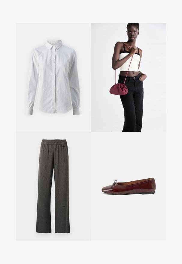 Chemise blanche à manches longues en coton lisse, dotée d'un col classique et d'un ourlet arrondi. Les boutons sont petits et blancs.; Pantalons larges gris en tissu texturé, dotés d'une taille élastique et sans poches, conçus pour le confort et la liberté de mouvement.; Ballerines en cuir verni bordeaux avec un bout rond, un petit nœud décoratif à l'avant et une semelle en caoutchouc noire basse. Texture lisse.; Sac à main en tissu doux bordeaux avec un design froncé et une longue sangle, porté en bandoulière. Le mannequin porte un top court blanc et un jean noir.