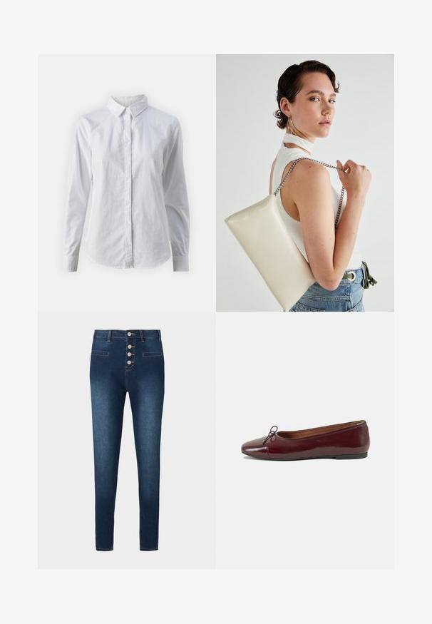 Fehér, sima pamutből készült gombos ing, klasszikus gallérral, hosszú ujjakkal és ívelt hemvéggel. A gombok kicsik és fehérek.; Sötétkék farmernadrág magas derékkal, öt gombos sliccsel és két elülső zsebből áll. Sima textúra, kontrasztos varrási részletekkel.; Burgundi lakkbőr balettcipő kerek orral, elöl kis masni díszítéssel és alacsony, fekete gumi talppal. Simára csiszolt felület.; Fehér, téglalap alakú, fényes anyagból készült clutch táska, ezüst láncos pánttal. A modell pózol, bemutatva a táskát egy egyszínű háttér előtt.