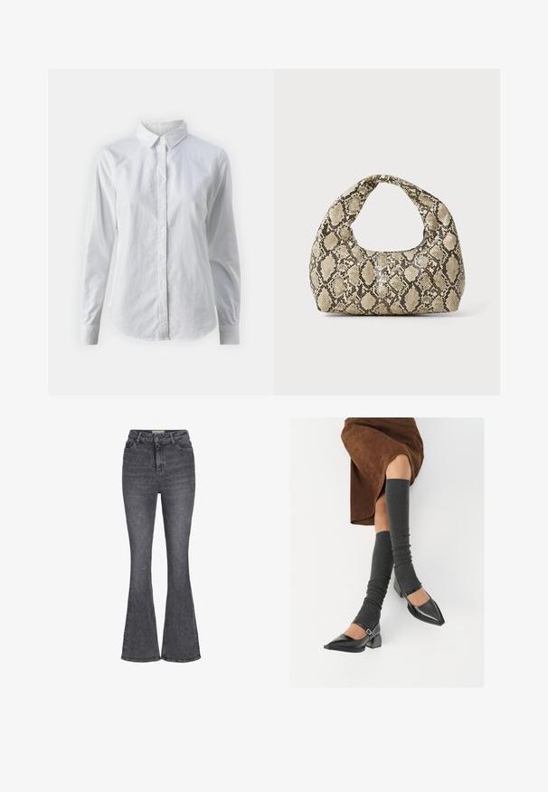 Bela srajca z gumbki, narejena iz gladkega bombaža, s klasičnim ovratnikom, dolgimi rokavi in ukrivljenim robom. Gumbi so majhni in beli.; Hlahne hlače z visokim pasom v temno sivi denimu, ki vključujejo klasičen dizajn s petimi žepi, zaponko na gumb in rahlo bledenje.; Črne lakirane čevlje s pointy prsti in blok peto ter z naramnicami za gleženj, ki jih kombiniramo s sivimi rebrastimi nogavicami in rjavim suknjičem iz usnja.; Torba z vzorom kače s ukrivljenim ročajem. Narejena iz teksturiranih, bež in rjavih materialov, ki imajo značilen diamante vzorec.