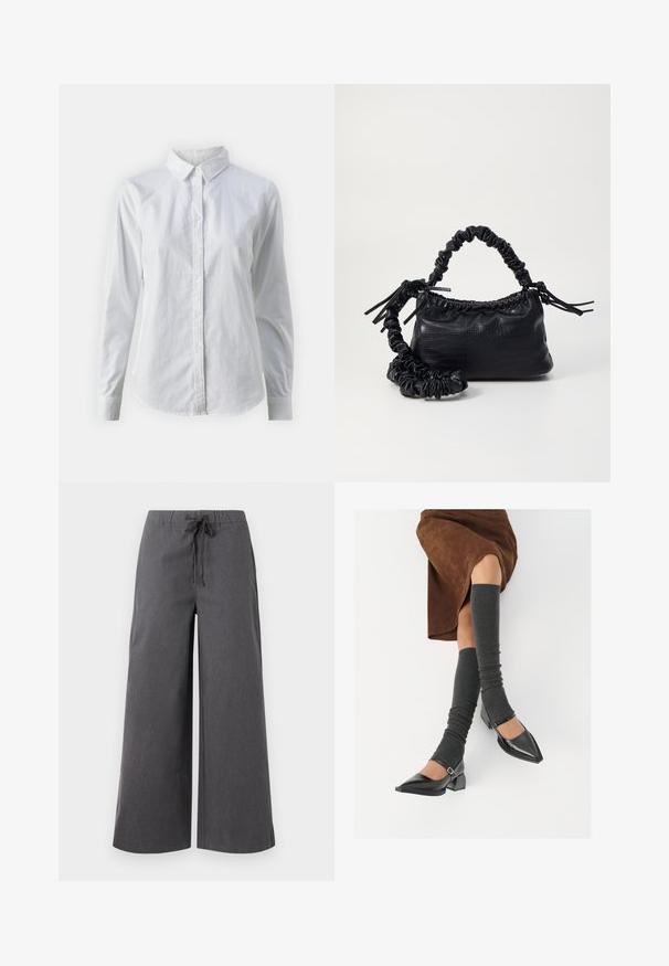 Balta pogājamā krekla augšdaļa, izgatavota no gluda kokvilnas, ar klasisku apkakli, garām piedurknēm un izliekto apakšmalu. Pogas ir mazas un baltas.; Platas kāju, tumši pelēkas bikses, kas izgatavotas no mīksta auduma, ar elastīgu jostu un saiti, kā arī minimāliem šuvju rakstiem.; Melnas laka ādas apavi ar norādītu purngalu, blokveida papēdi un potīšu jostu, saskaņoti ar pelēkām ribotām kāju sildītājām un brūnu zamšādas svārku.; Melnā mākslīgās ādas rokassoma ar krokodila rakstu, savilkta augšdaļa un saburzīta siksna. Izskatās mīksta un kompakta pēc dizaina.