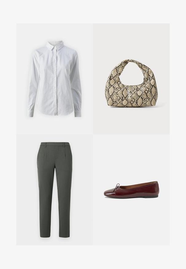 Camicia bianca con bottoni, realizzata in cotone liscio, dotata di un colletto classico, maniche lunghe e orlo curvo. I bottoni sono piccoli e bianchi.; Pantaloni verde scuro con una vestibilità su misura, dotati di due tasche laterali, chiusura con zip e dettagli con pieghe per un design strutturato.; Ballerine in pelle verniciata bordeaux con punta arrotondata, piccolo fiocco decorativo sulla parte anteriore e suola bassa in gomma nera. Texture liscia.; Borsa a stampa rettile con manico curvo. Realizzata in materiali testurizzati beige e marroni, presenta un distintivo motivo a rombi.