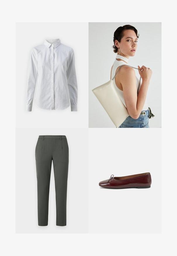 Fehér, sima pamutből készült gombos ing, klasszikus gallérral, hosszú ujjakkal és ívelt hemvéggel. A gombok kicsik és fehérek.; Sötétzöld, testhezálló nadrág, két oldalsó zsebbel, cipzáras nyitással és gyűrődéssel a strukturált dizájn érdekében.; Burgundi lakkbőr balettcipő kerek orral, elöl kis masni díszítéssel és alacsony, fekete gumi talppal. Simára csiszolt felület.; Fehér, téglalap alakú, fényes anyagból készült clutch táska, ezüst láncos pánttal. A modell pózol, bemutatva a táskát egy egyszínű háttér előtt.