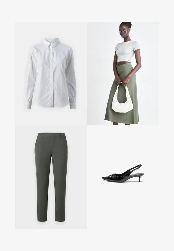 White button-up shirt made of smooth cotton, featuring a classic collar, long sleeves, and a curved hem. Buttons are small and white.; Dark green trousers with a tailored fit, featuring two side pockets, a zip fly, and pleat details for structured design.; Black leather slingback heels with a pointed toe, small kitten heel, and a decorative knot detail on the front. Smooth texture throughout.; Gray ribbed crop top and olive green high-waisted skirt. Model holds a white shoulder bag with cut-out detailing. Simple design, fitted silhouette.