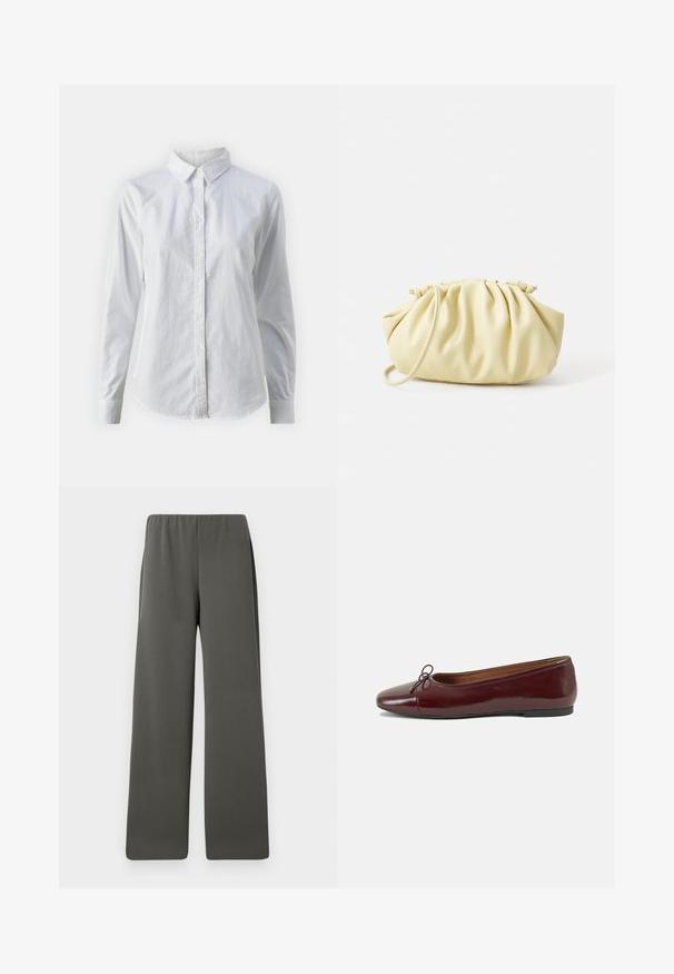 Camicia bianca con bottoni, realizzata in cotone liscio, dotata di un colletto classico, maniche lunghe e orlo curvo. I bottoni sono piccoli e bianchi.; Pantaloni a gamba larga alti in vita di colore grigio scuro con cintura elastica, posti in piano su uno sfondo bianco.; Ballerine in pelle verniciata bordeaux con punta arrotondata, piccolo fiocco decorativo sulla parte anteriore e suola bassa in gomma nera. Texture liscia.; Borsa plissettata gialla in morbida pelle ecologica, con una forma morbida, una sola tracolla e un design superiore arricciato.