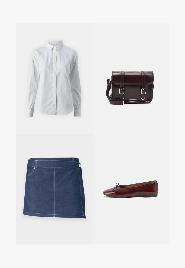 Chemise blanche à manches longues en coton lisse, dotée d'un col classique et d'un ourlet arrondi. Les boutons sont petits et blancs.; Jupe mini en denim bleu foncé avec des coutures blanches, présentant une seule poche avant et une fermeture à bouton métallique à la taille.; Ballerines en cuir verni bordeaux avec un bout rond, un petit nœud décoratif à l'avant et une semelle en caoutchouc noire basse. Texture lisse.; Sac à bandoulière en cuir verni bordeaux, de forme rectangulaire, avec deux bandoulières, des accessoires en argent et une fermeture à rabat.