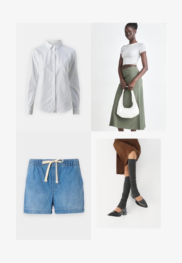 Fehér, sima pamutből készült gombos ing, klasszikus gallérral, hosszú ujjakkal és ívelt hemvéggel. A gombok kicsik és fehérek.; Világoskék farmer shorts rugalmas derékkal, állítható bézs szegőzsinórral és sima felülettel, felhajtott szegéllyel.; Fekete lakk bőrből készült, hegyes orrú cipők, tömbsarkúakkal és bokapánttal, szürke bordás lábszármelegítőkkel és barna velúr szoknyával párosítva.; Szürke bordázott cropped top és olajzöld, magas derékú szoknya. A modellen egy fehér válltáska van, amely kivágott részletekkel rendelkezik. Egyszerű dizájn, testhezálló sziluett.